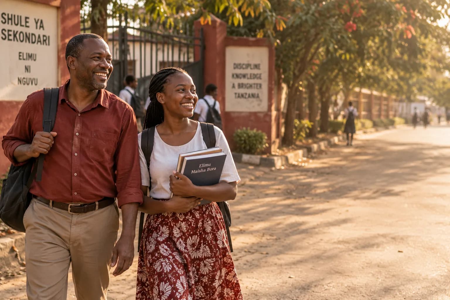 A father and his university-age daughter walking together outside a Tanzanian secondary school gate, both smiling naturally at something off-frame, schoolbooks in hand, dappled tree light.