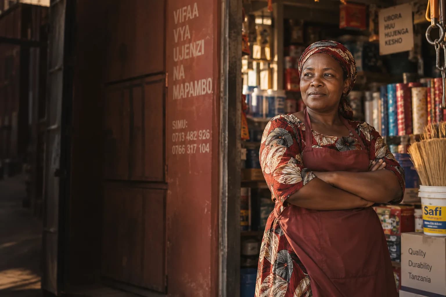 A confident Tanzanian shopkeeper standing in the doorway of her own hardware/textile shop in Dar es Salaam, arms lightly crossed, warm morning light spilling across the storefront, colorful goods softly out of focus behind her