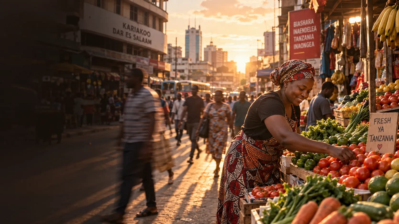 a busy Kariakoo-style market street in Dar es Salaam at golden hour, a trader arranging fresh stock at a stall